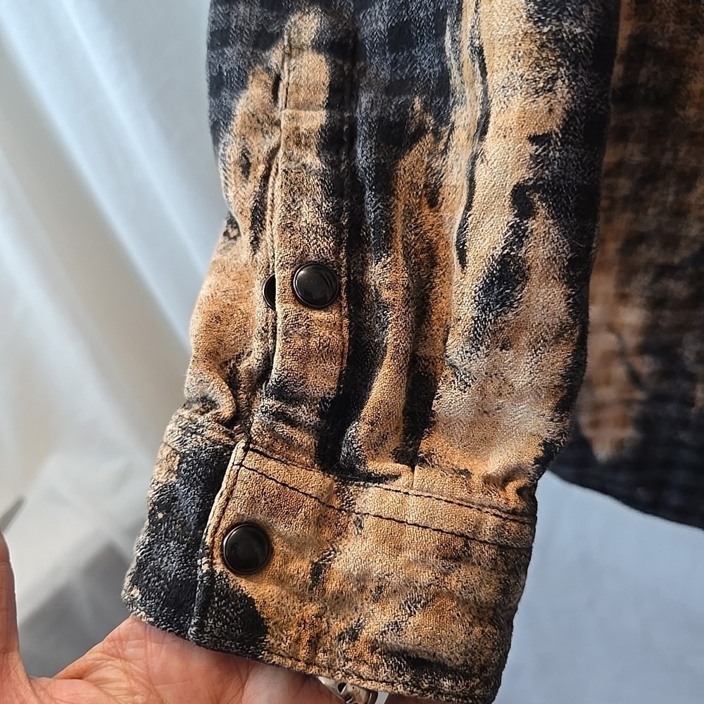 Franklin Flannels Shirt MensM Black Orange Abstract Upcycled Pearl Snap Tie Dye - Picture 7 of 13